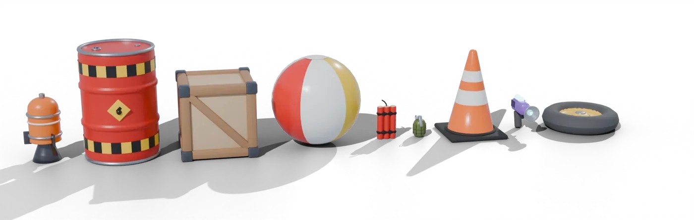 Bonkr props: a thruster, an explosive barrel, a crate, a beach ball, dynamite, a grenade, a traffic cone, the size ray and a wheel
