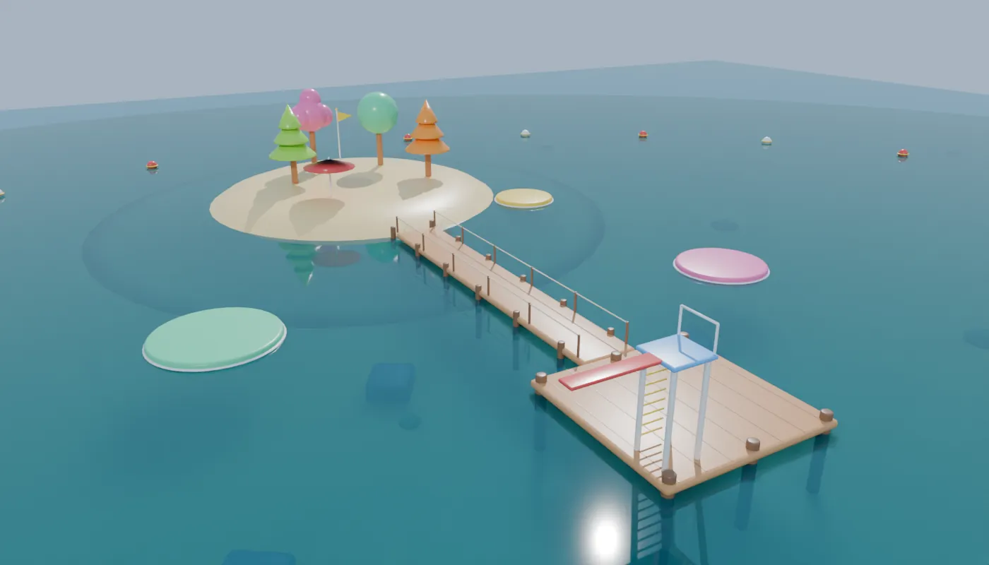 The water map: an island with trees, a long dock and a diving tower